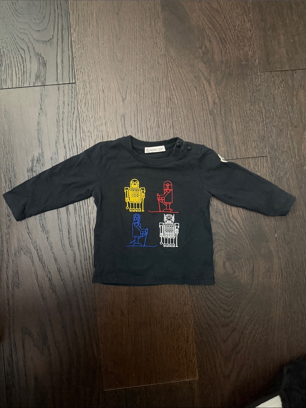Moncler Black Long Sleeve Tee with Multicolor Robot Graphics